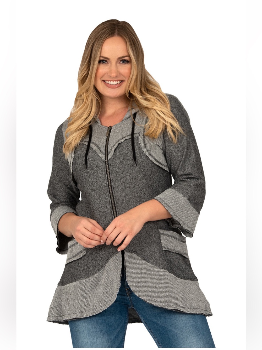 Distinct French Terry Hoodie Jacket Mid Half Bell Sleeve Layering Unique